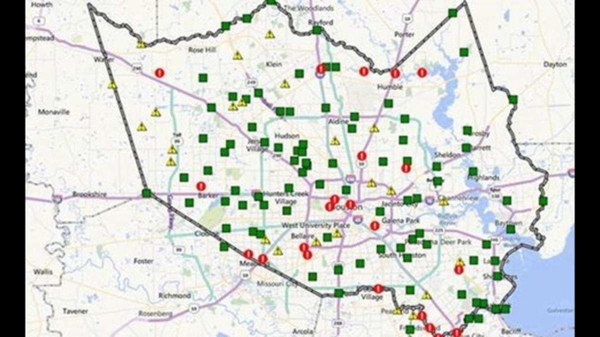 kaart van die oorstroomde gebiede in Houston