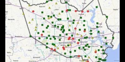 Kaart van die oorstroomde gebiede in Houston